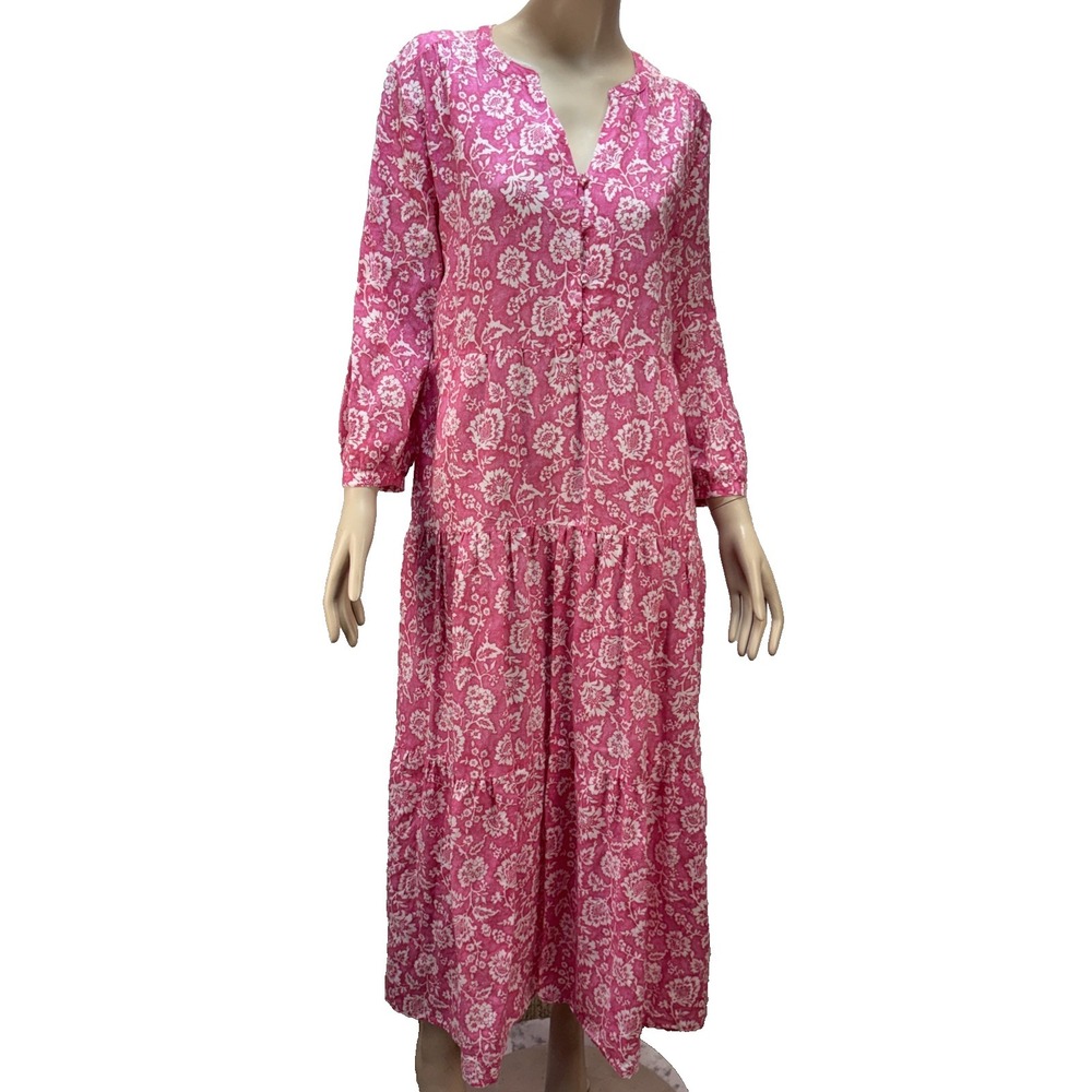 J McLaughlin Cunningham Maxi Dress Size XL Pink White Floral Linen Cotton V-Neck